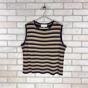 St John Sport Santana Knit Striped Sleeveless Top in Navy, Cream and Gold Size L